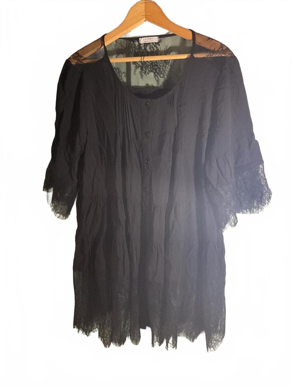 Soteer Black Lace /Eyelash Lace Trim Button Front Goth/ Dark Romantic L